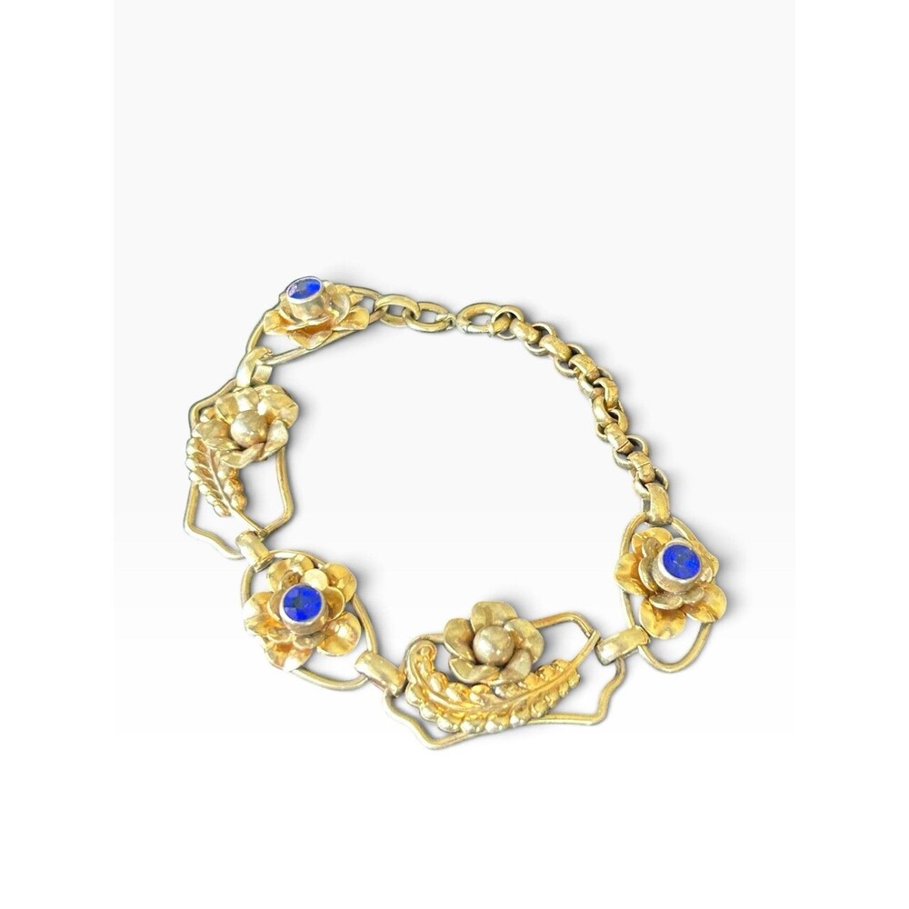 Vintage Floral Bracelet Gold Tone Blue Glass Rhinestone Flower Art Nouveau Style
